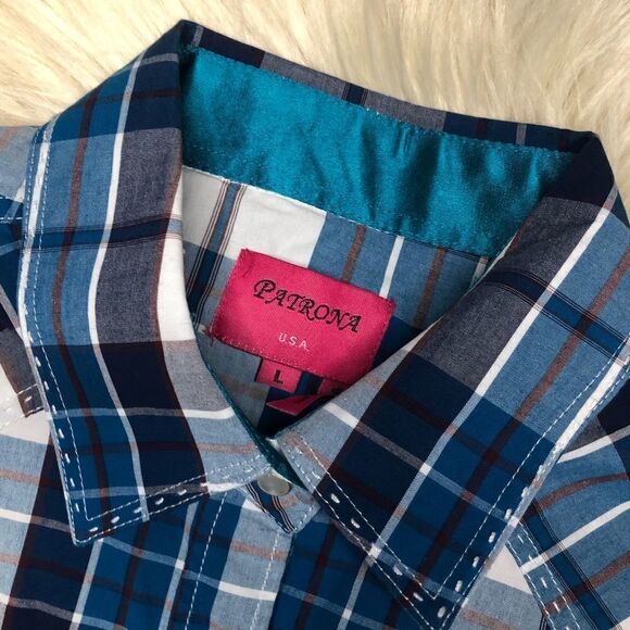 Patrona USA turquoise/navy plaid pearl snap sz LG - Picture 2 of 5